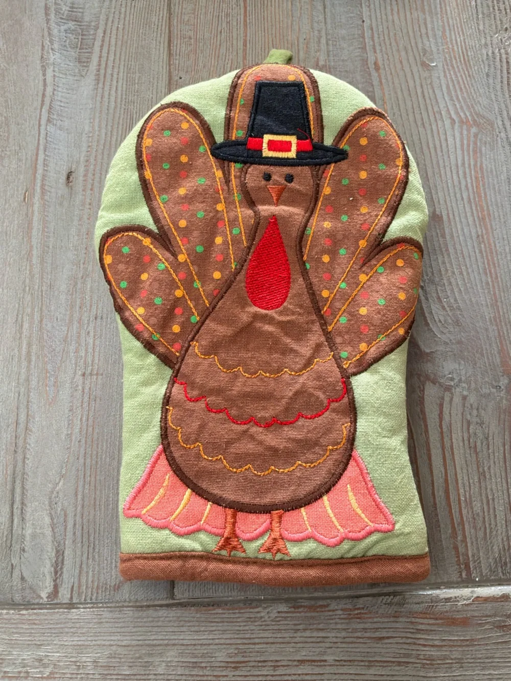 Festive Turkey Oven Mitt in Green and Brown